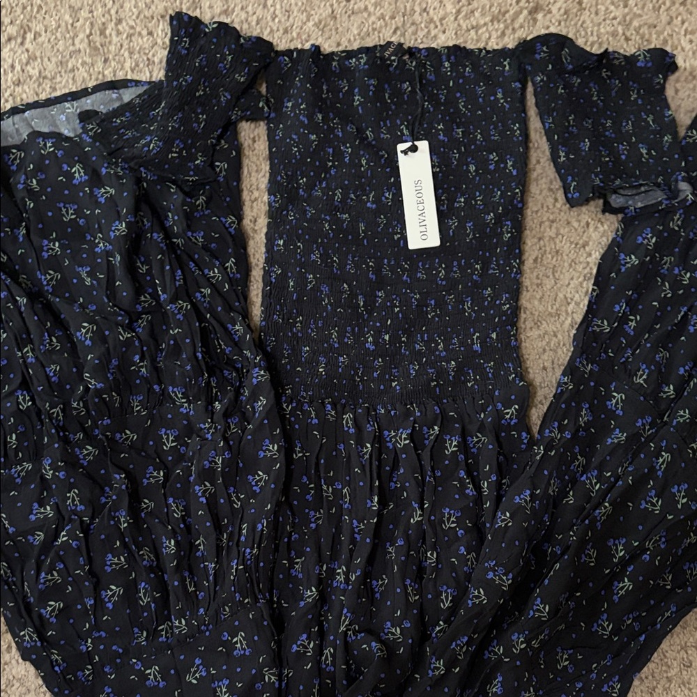 OlivaceousBlack Floral Off-Shoulder jumpsuit